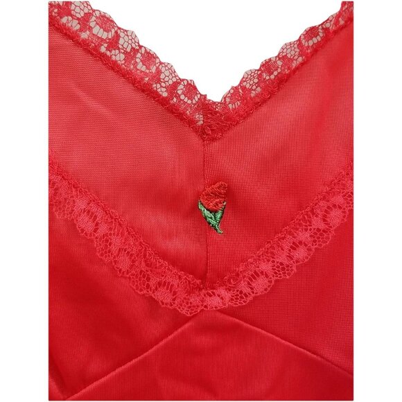 Henson Kaepernick Vtg Red Floral Nylon Lace Trim Nightgown Slip Dress - Picture 3 of 6